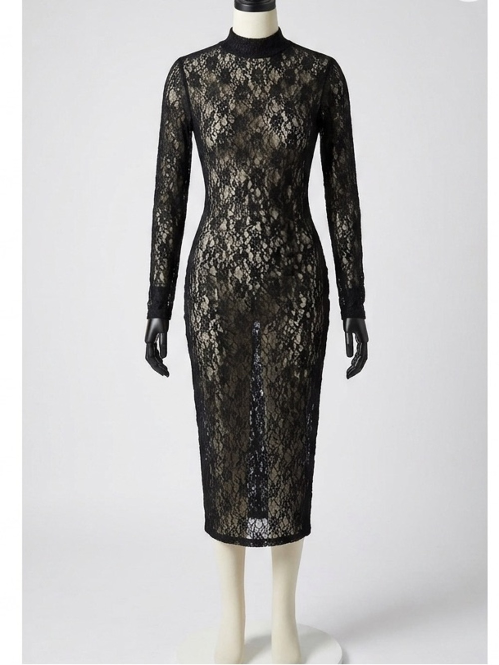Black Sheer Lace Long Sleeve High Neck Bodycon Midi Dress Size Small S